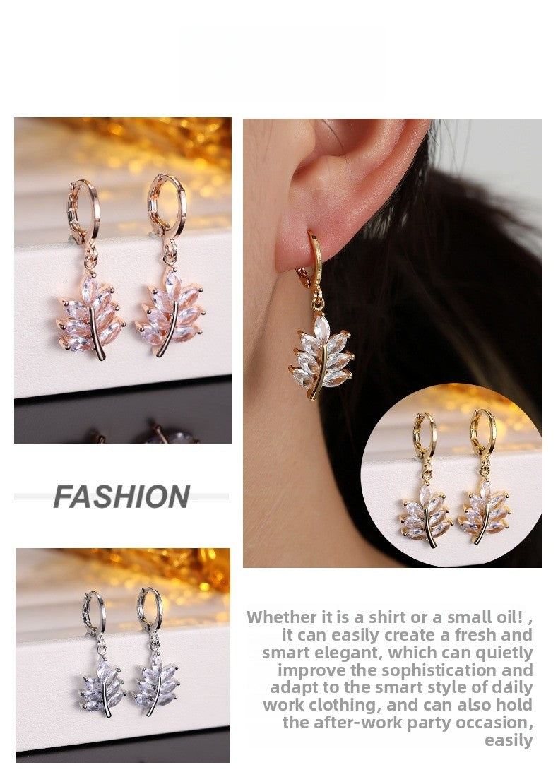 Leaf Drop Earrings For Women With Copper Ear Pins And Electroplated Gold Plating Featuring Zircon Inlay