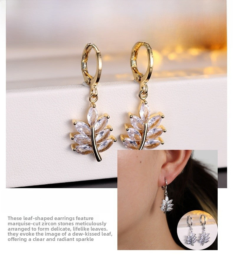 Leaf Drop Earrings For Women With Copper Ear Pins And Electroplated Gold Plating Featuring Zircon Inlay