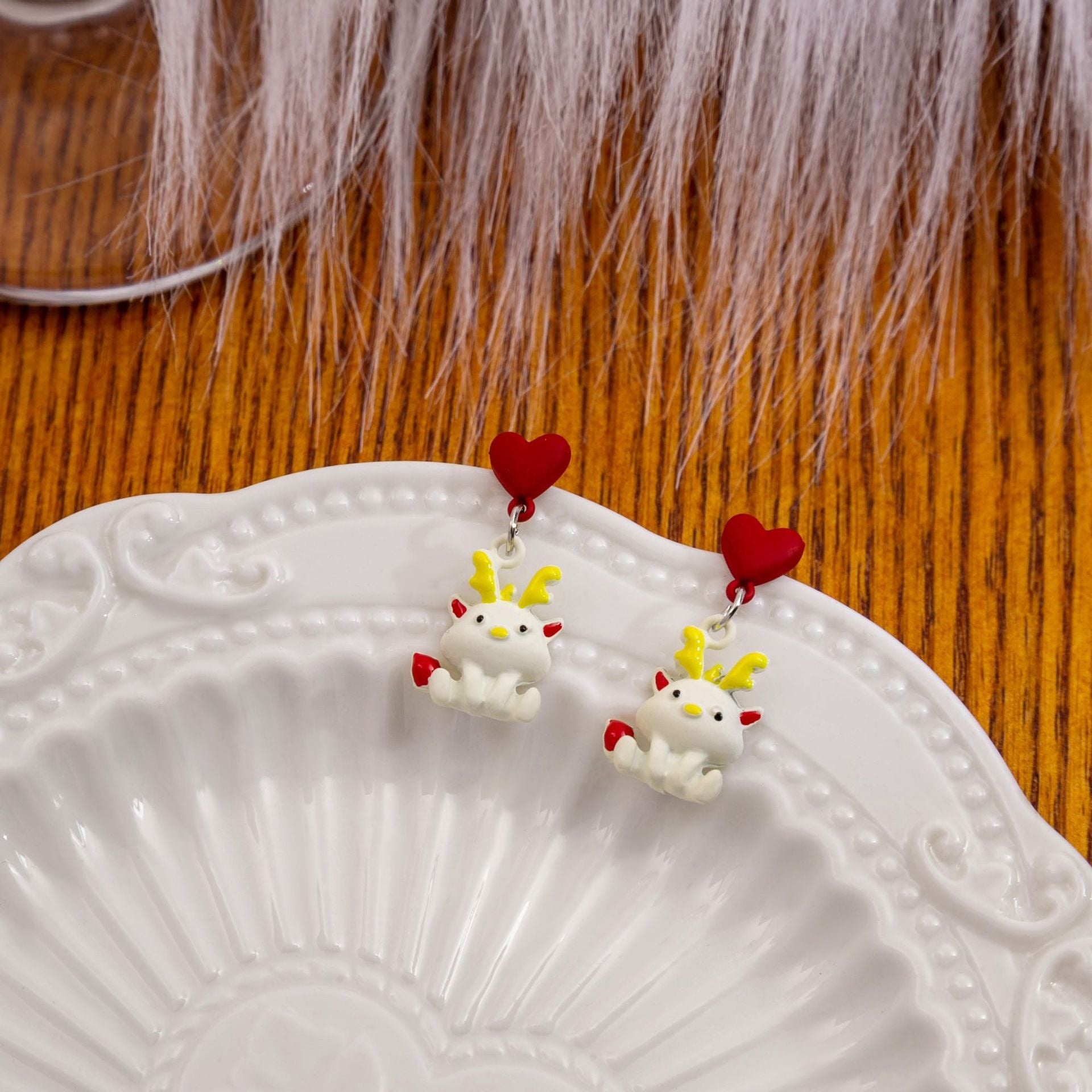 Heart Shape Asymmetrical Cartoon Style Earrings For Women In White Zinc Alloy, Perfect For New Year
