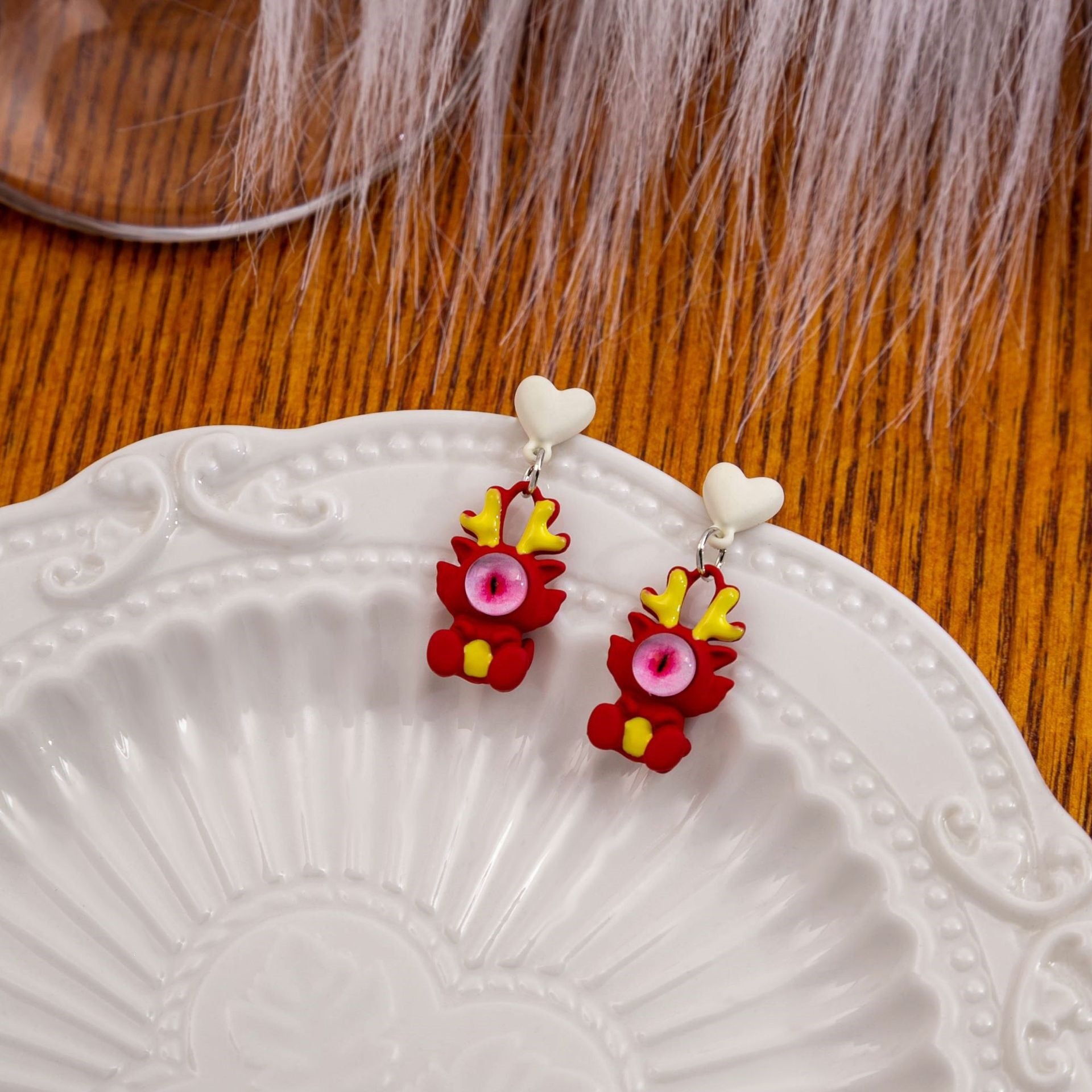 Heart Shape Asymmetrical Cartoon Style Earrings For Women In White Zinc Alloy, Perfect For New Year