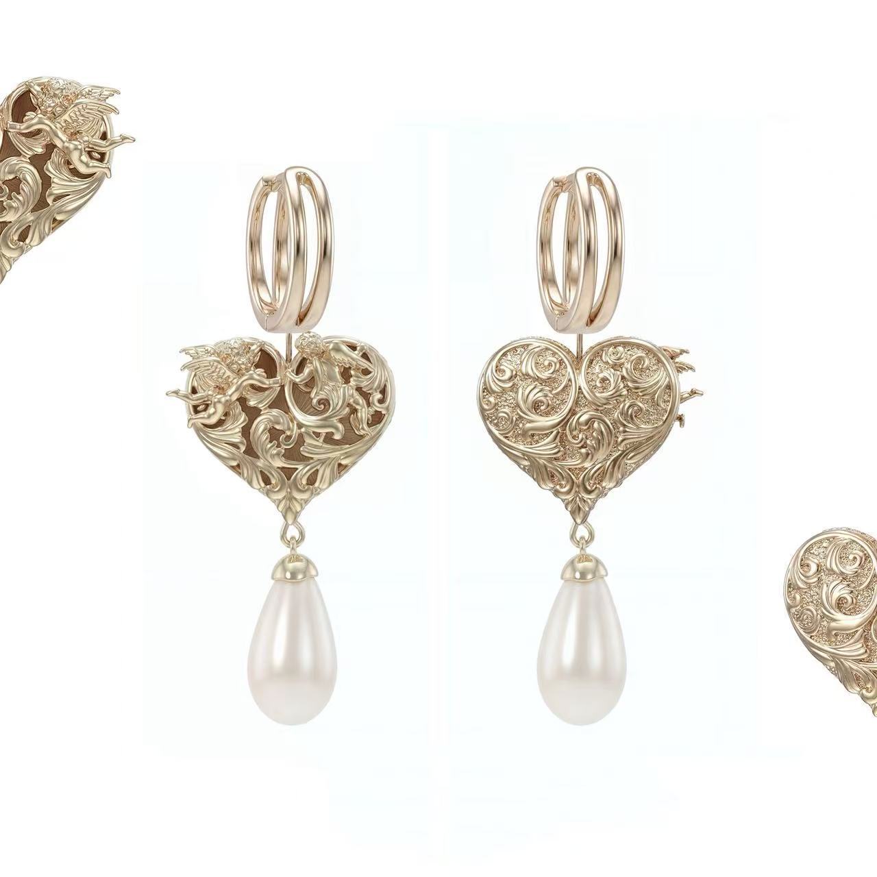 Heart Shape Carving Earrings For Unisex Featuring Artificial Pearl Inlay With Titanium Alloy Ear Pins, 1 Pair