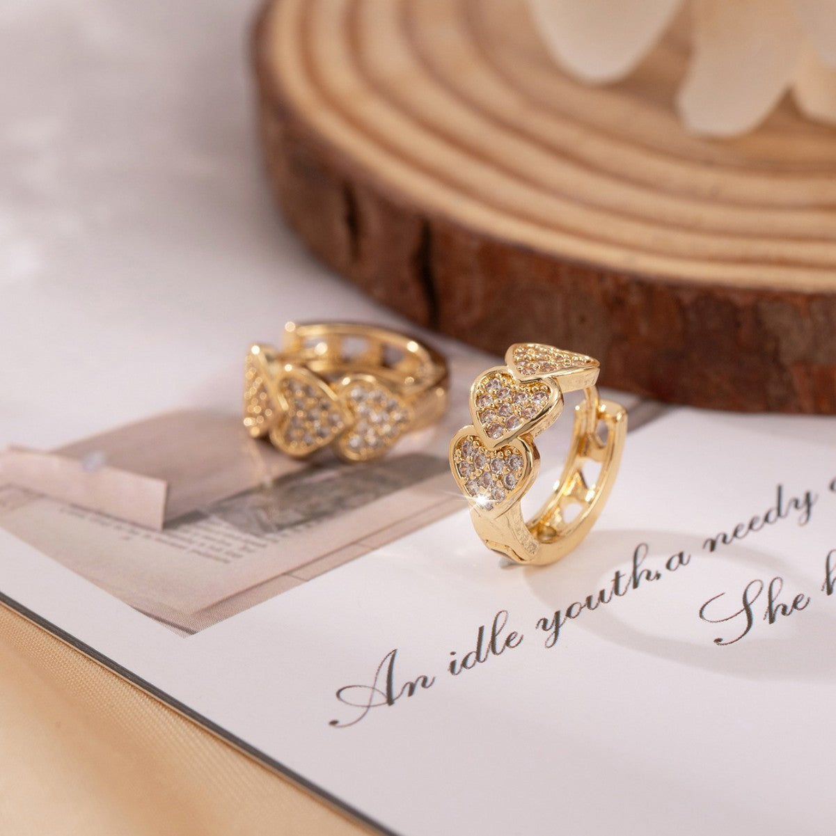 Heart Shape Hoop Earrings For Women With Copper Studs, Electroplated Gold Plating And Zircon Inlay