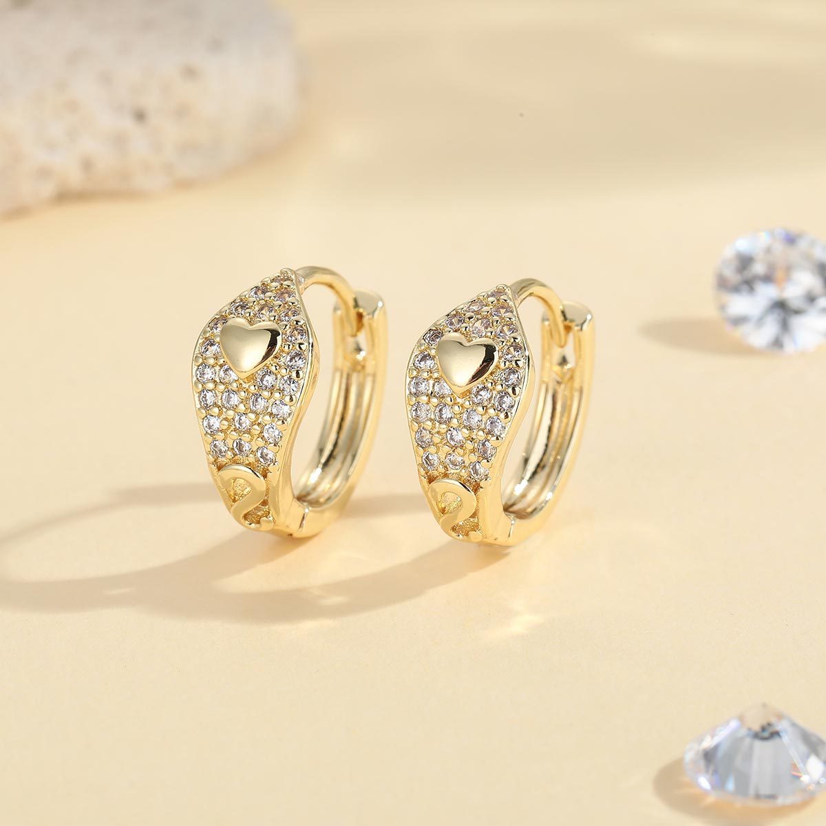 Heart Shape Earrings For Women In Gold Featuring Copper Ear Pins And Zircon Inlay