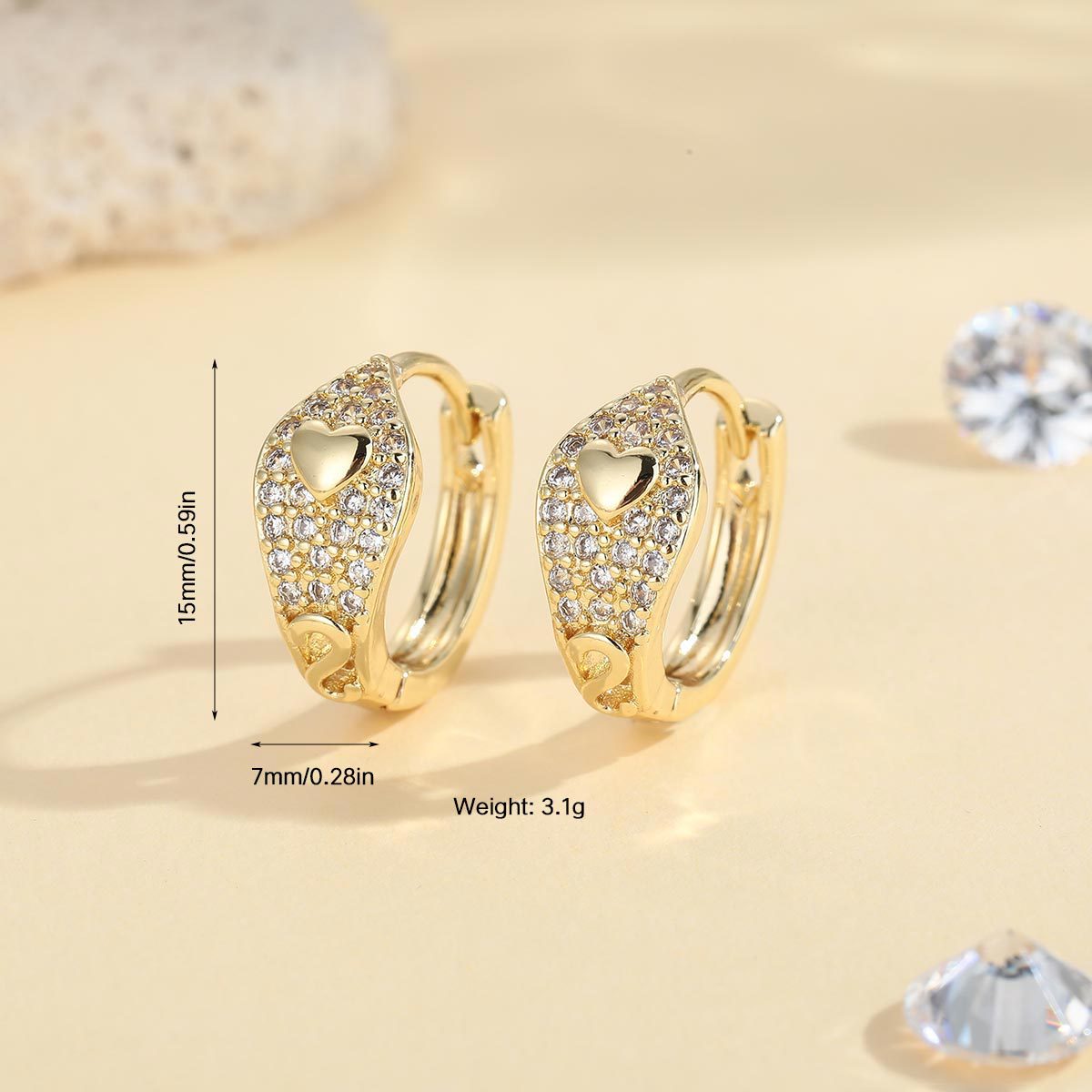 Heart Shape Earrings For Women In Gold Featuring Copper Ear Pins And Zircon Inlay