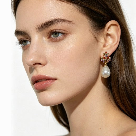 Heart Shape Drop Earrings For Women In Gold Brass With Artificial Pearl Featuring Copper Ear Pins, 1 Pair