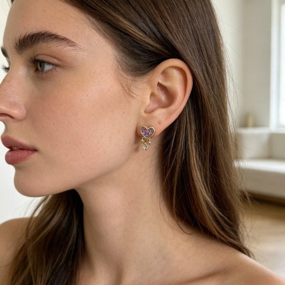 Heart Shape Earrings For Women, 1 Pair, 14K Real Gold Plated Brass In Elegant Gold Tone
