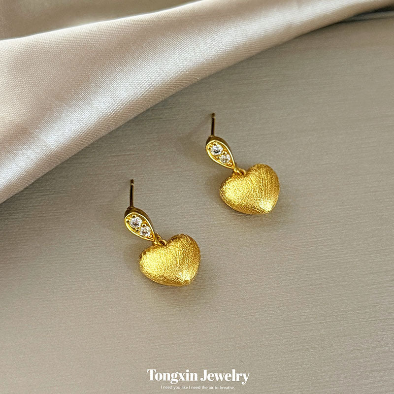 Heart Shape Brushed Copper Earrings With Rhinestones, Electroplated Gold Plating, 925 Sterling Silver Posts For Women