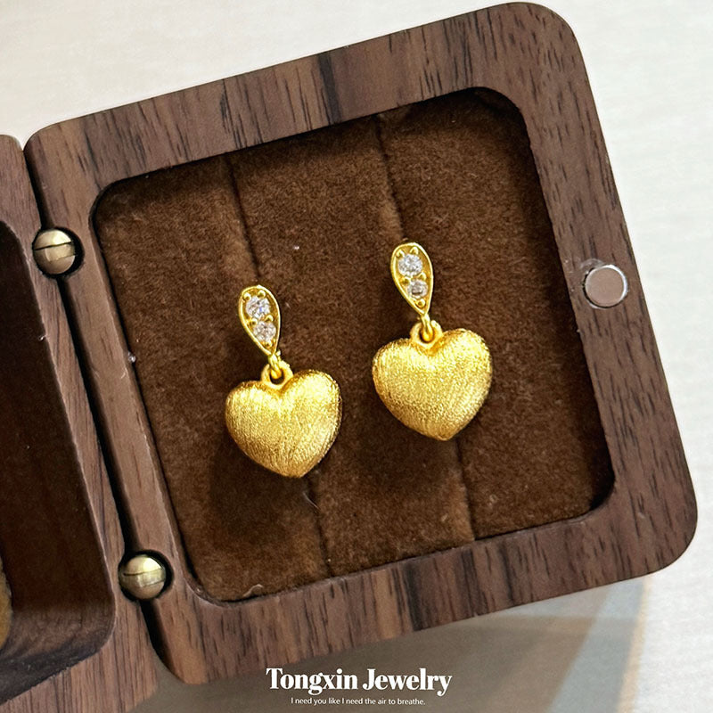 Heart Shape Brushed Copper Earrings With Rhinestones, Electroplated Gold Plating, 925 Sterling Silver Posts For Women