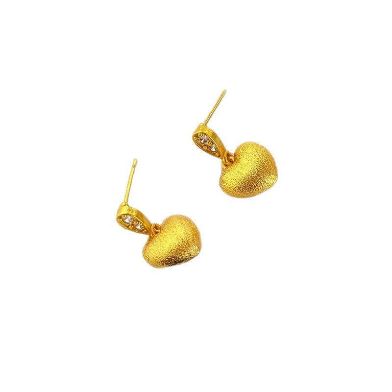 Heart Shape Brushed Copper Earrings With Rhinestones, Electroplated Gold Plating, 925 Sterling Silver Posts For Women