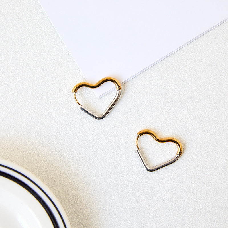 Heart Shape Two Tone Gold Earrings For Unisex Featuring 304 Stainless Steel Ear Pins And Titanium Steel Material