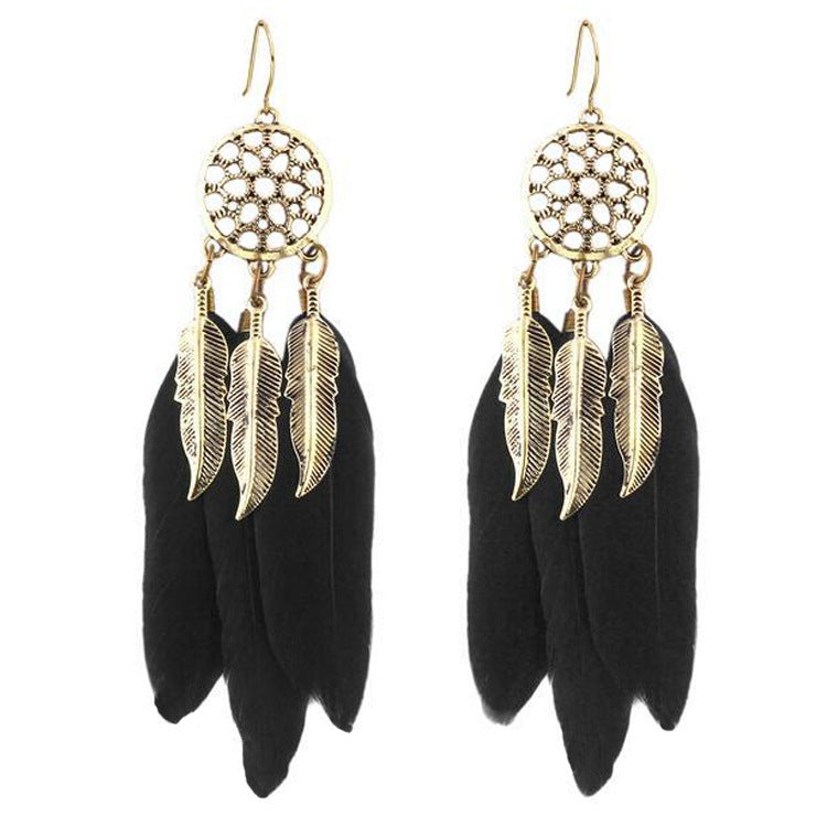 Bohemian Leaves Tassel Earrings For Women In Dyed Black Alloy With Rhinestone Inlay