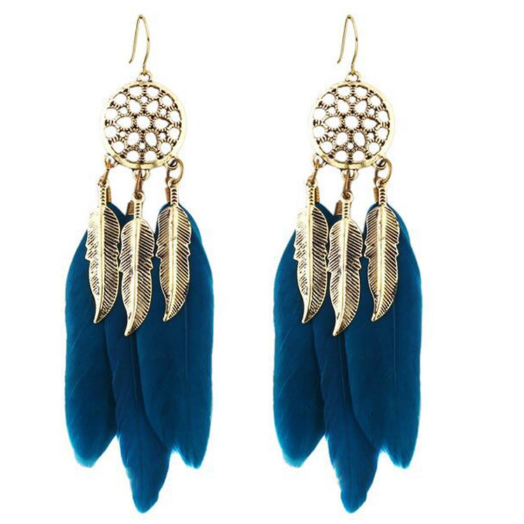 Bohemian Leaves Tassel Earrings For Women In Dyed Black Alloy With Rhinestone Inlay
