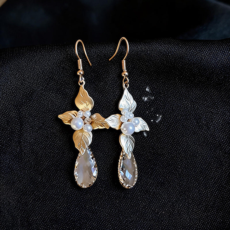 Gold Alloy Flower Ear Hook Earrings For Women With Glass Inlay And 304 Stainless Steel Ear Pins