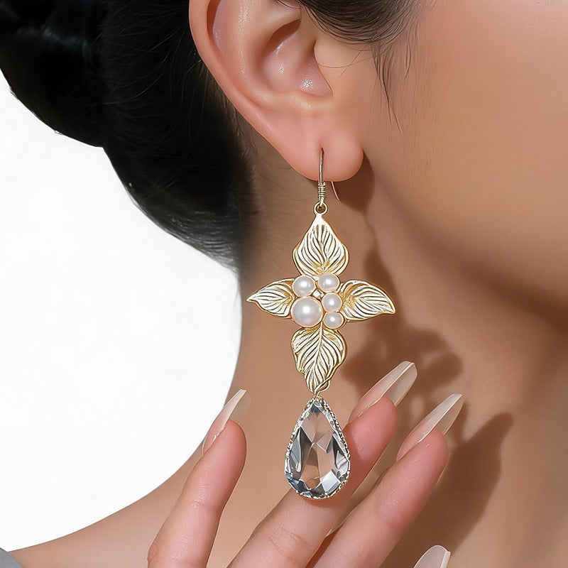 Gold Alloy Flower Ear Hook Earrings For Women With Glass Inlay And 304 Stainless Steel Ear Pins