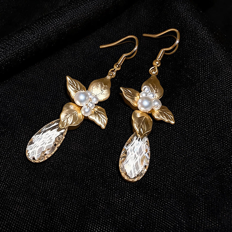 Gold Alloy Flower Ear Hook Earrings For Women With Glass Inlay And 304 Stainless Steel Ear Pins