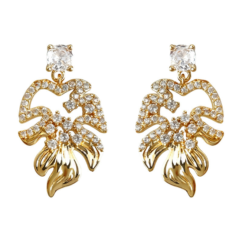 Leaves Earrings For Women With Copper Ear Pins And Zircon Inlay In Silver