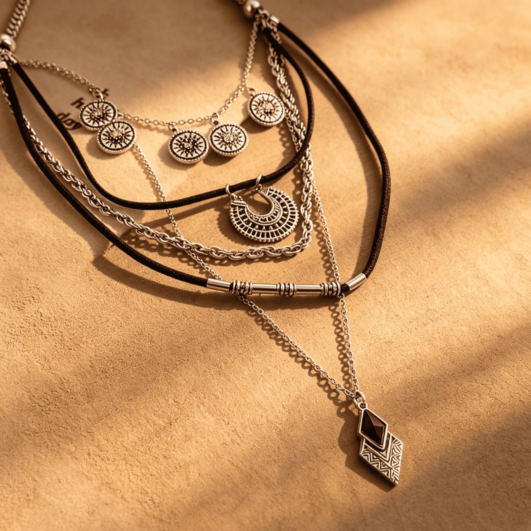 Bohemian Rhombus Pendant Necklace For Women With Alloy Pendant Material And Crystal Inlay Featuring Tassel Design