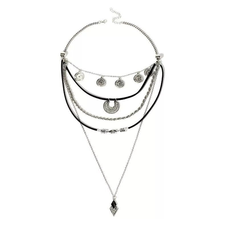 Bohemian Rhombus Pendant Necklace For Women With Alloy Pendant Material And Crystal Inlay Featuring Tassel Design