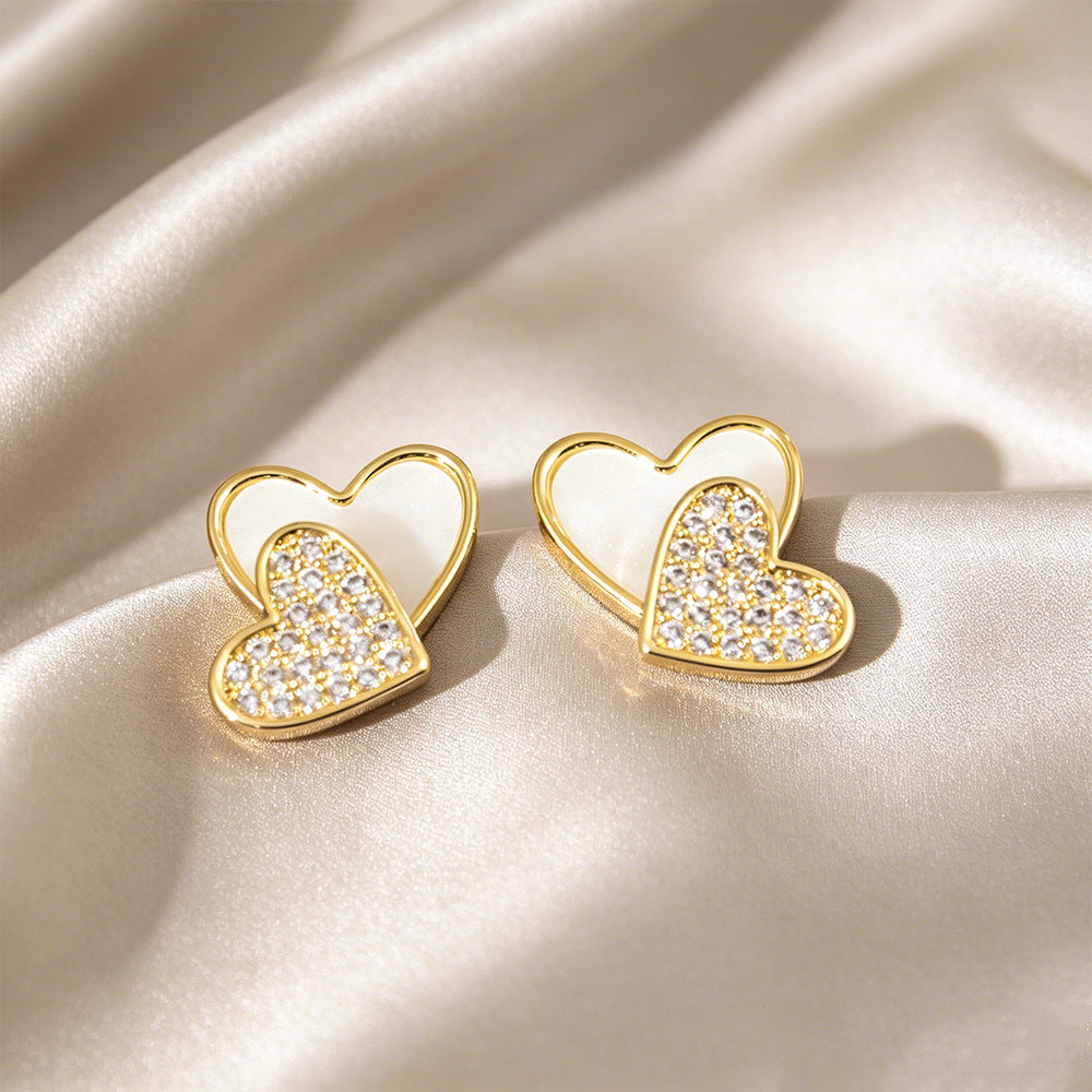 Double Heart Stud Earrings For Women In Real Gold Plated Copper With 925 Sterling Silver Posts