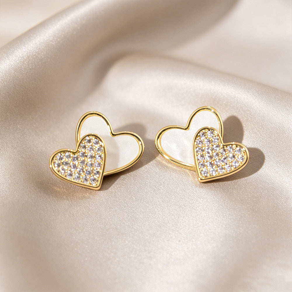 Double Heart Stud Earrings For Women In Real Gold Plated Copper With 925 Sterling Silver Posts