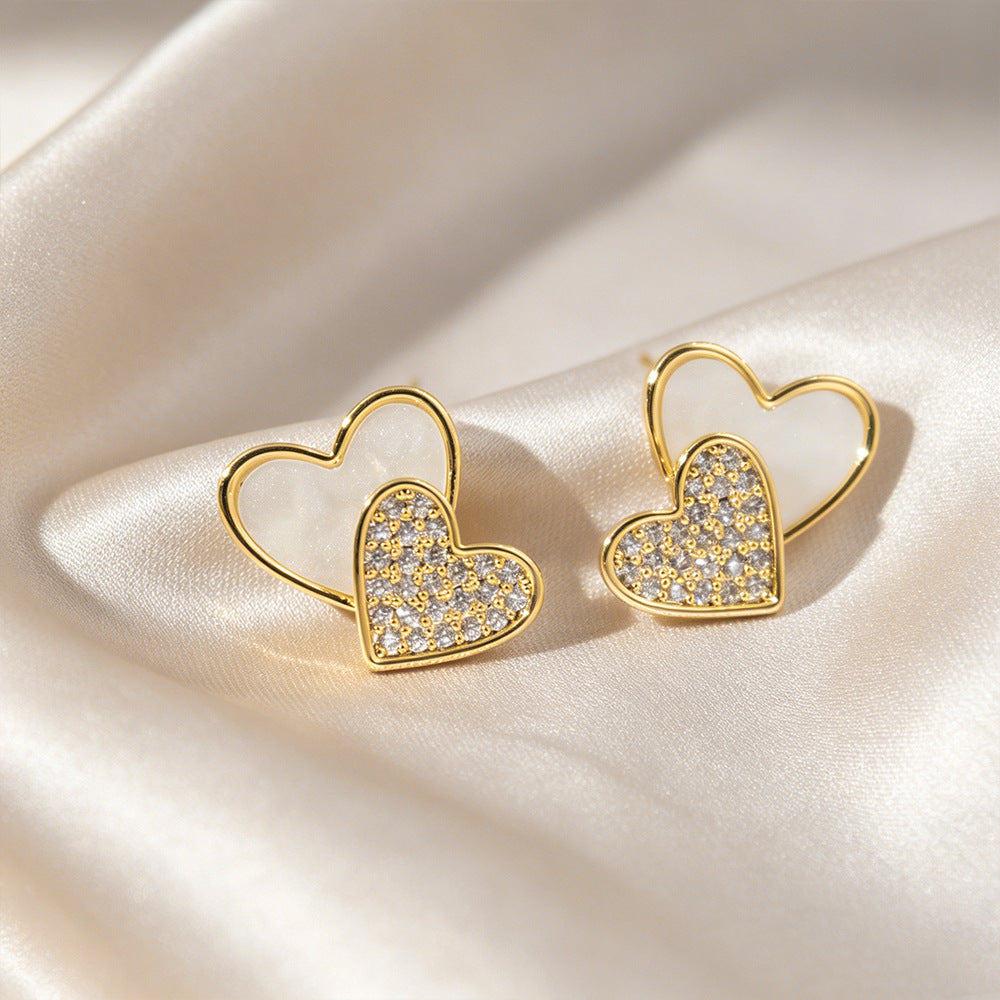 Double Heart Stud Earrings For Women In Real Gold Plated Copper With 925 Sterling Silver Posts