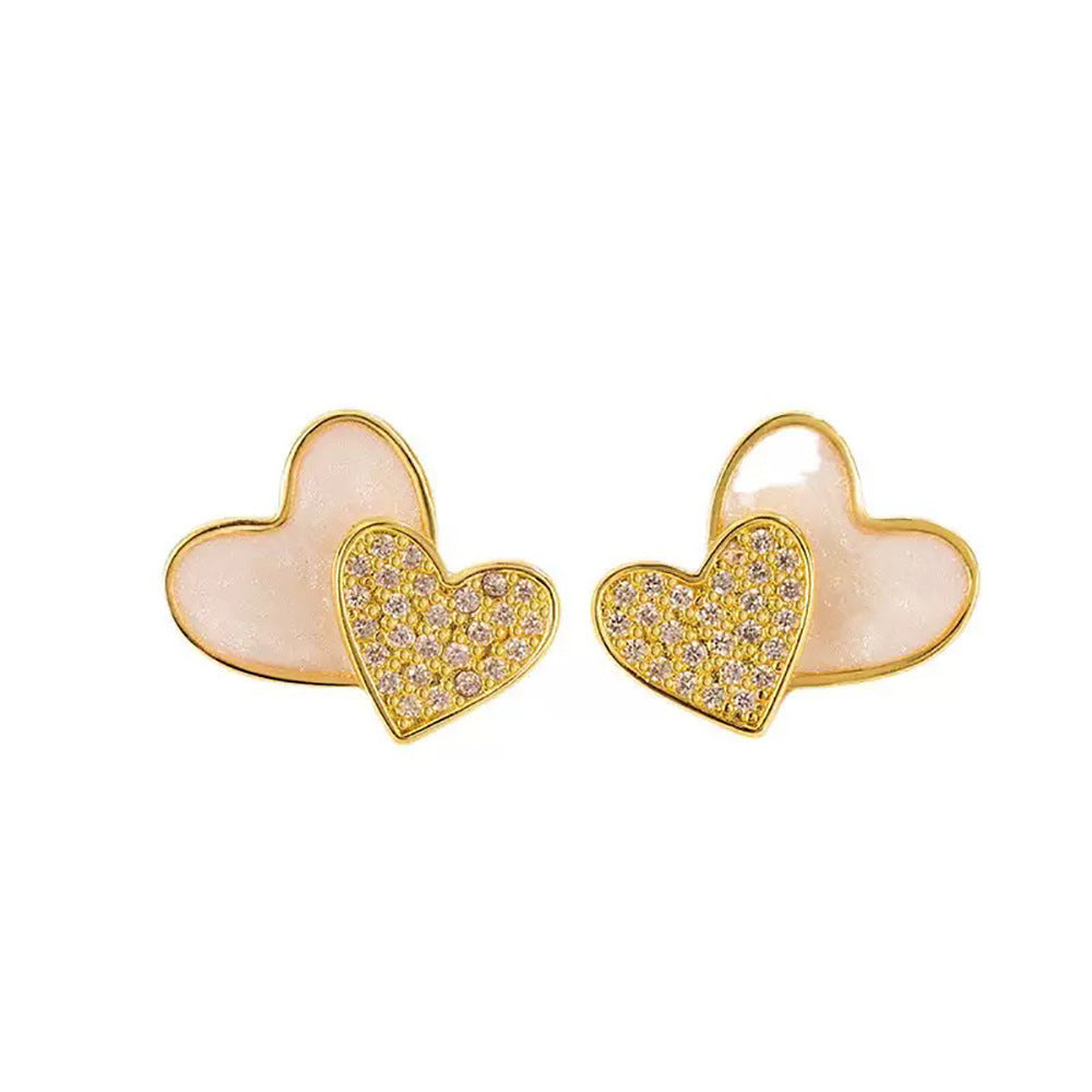Double Heart Stud Earrings For Women In Real Gold Plated Copper With 925 Sterling Silver Posts