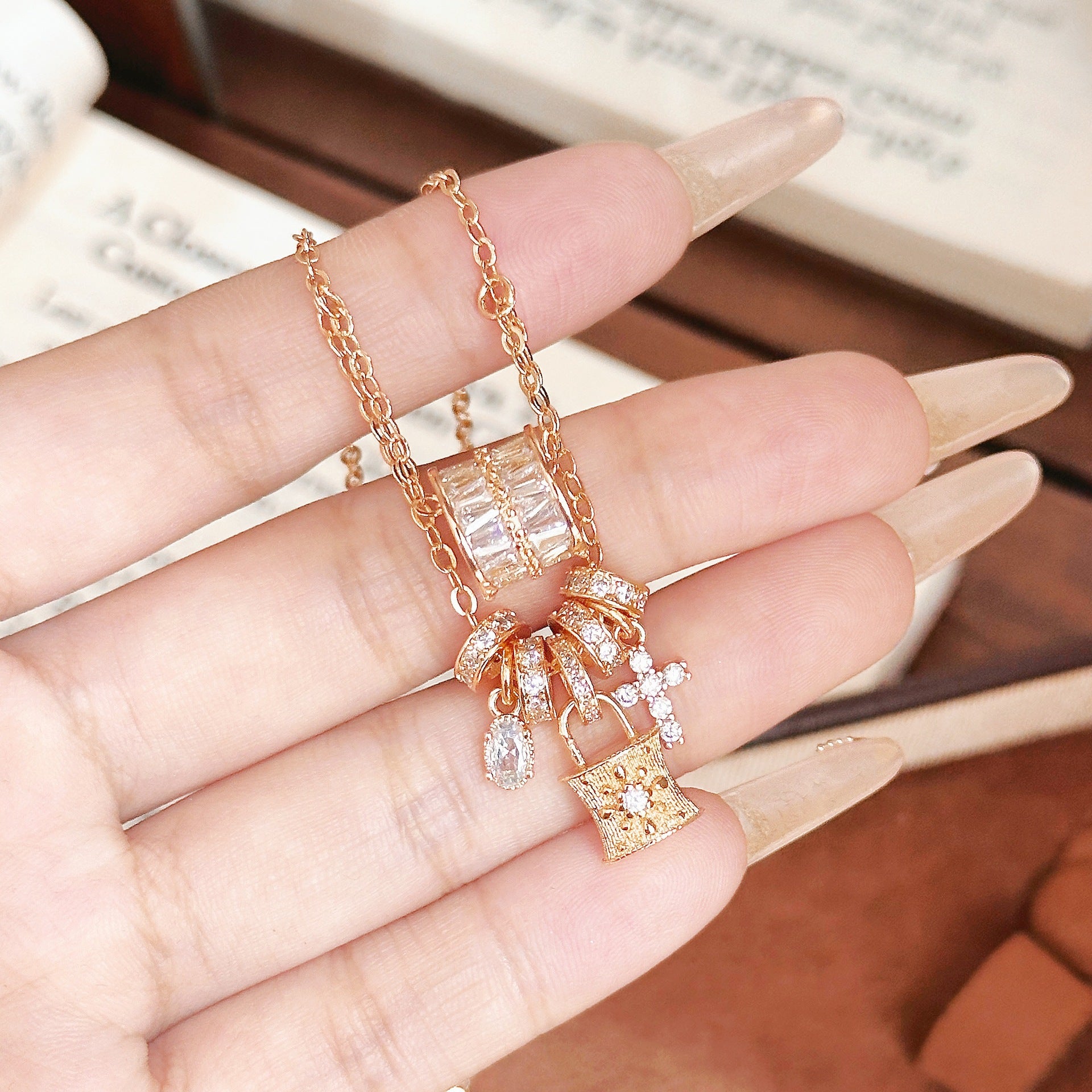 Cross Pendant Necklace For Women In Champagne, Featuring Copper Chain And Pendant With Electroplated Finish