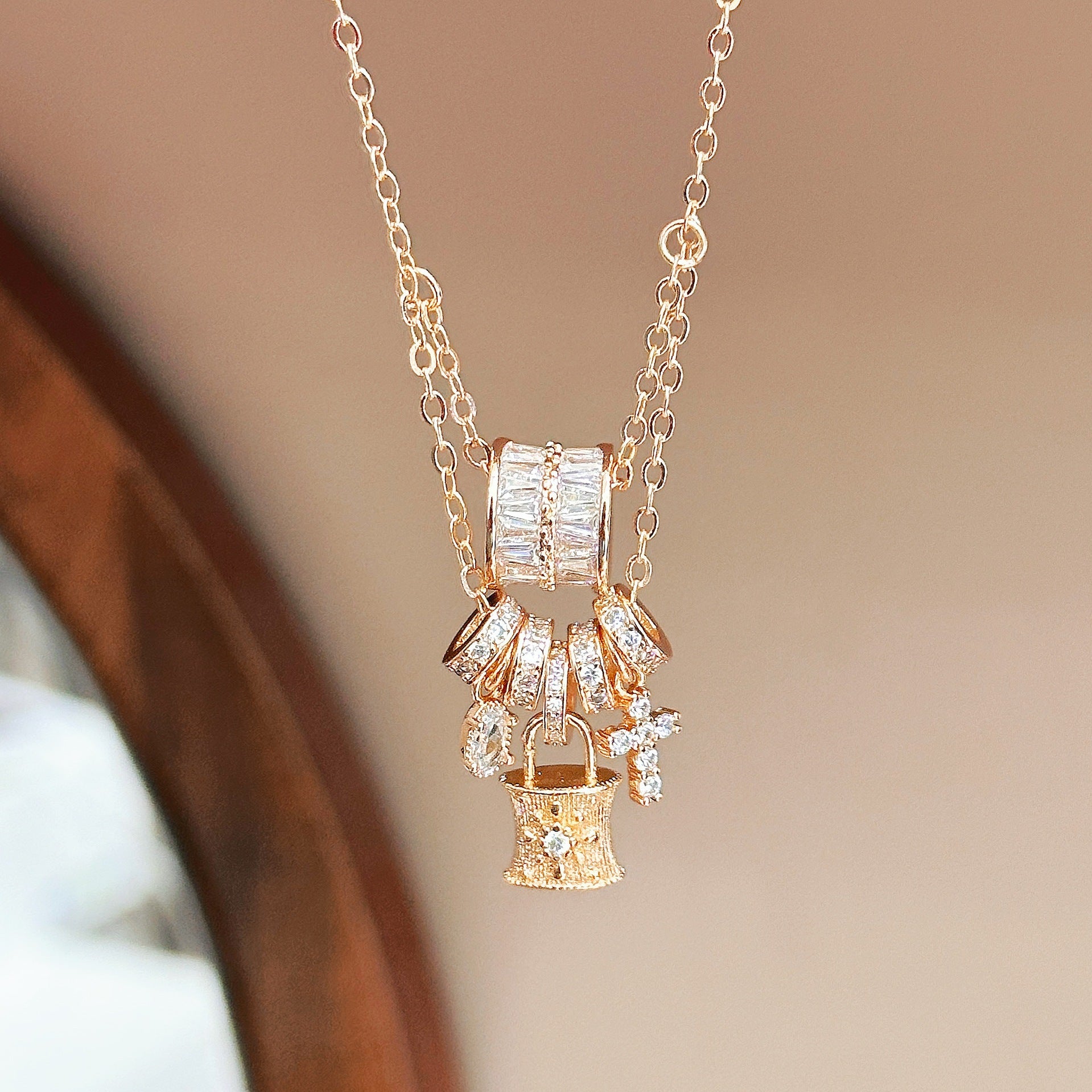 Cross Pendant Necklace For Women In Champagne, Featuring Copper Chain And Pendant With Electroplated Finish