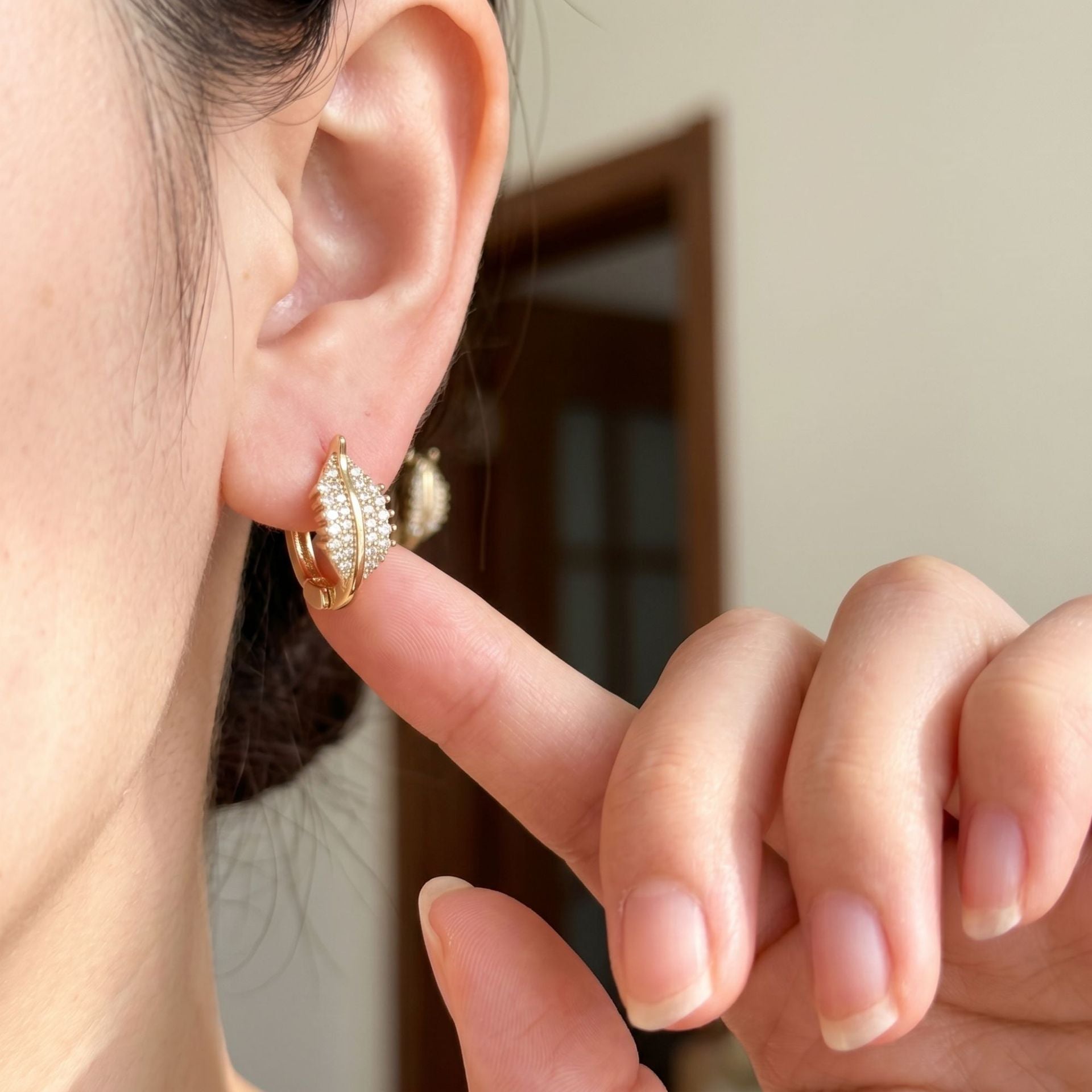 Leaves Earrings For Women In Gold Featuring Copper Ear Pins And Rhinestone Inlay