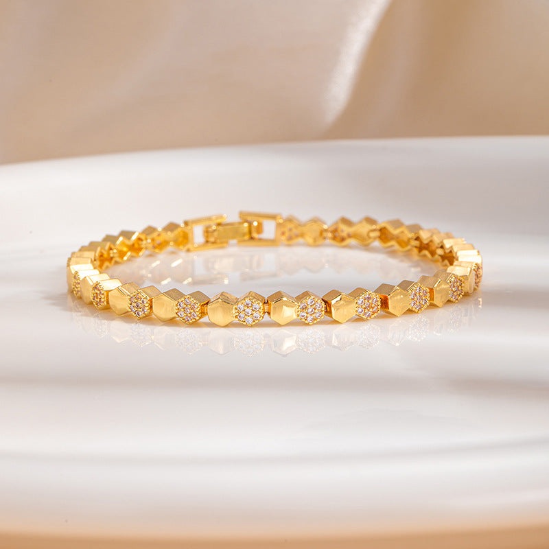 Honeycomb Braid Bracelets For Women In Electroplated Copper With Rhinestone Inlay Featuring Woven Chain Design