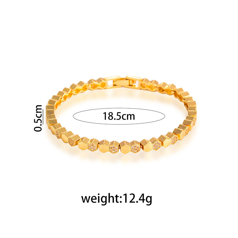 Honeycomb Braid Bracelets For Women In Electroplated Copper With Rhinestone Inlay Featuring Woven Chain Design