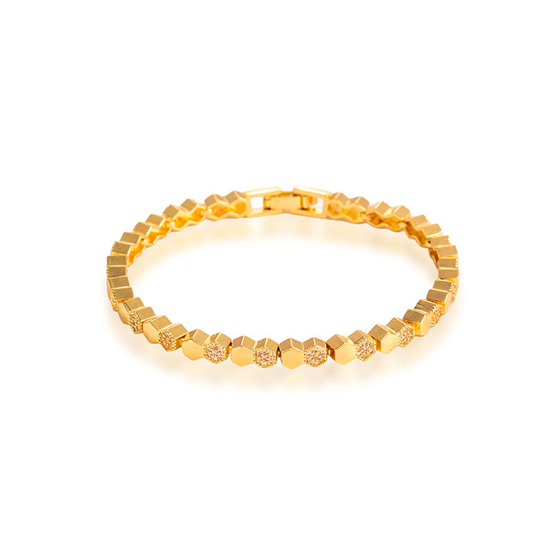 Honeycomb Braid Bracelets For Women In Electroplated Copper With Rhinestone Inlay Featuring Woven Chain Design