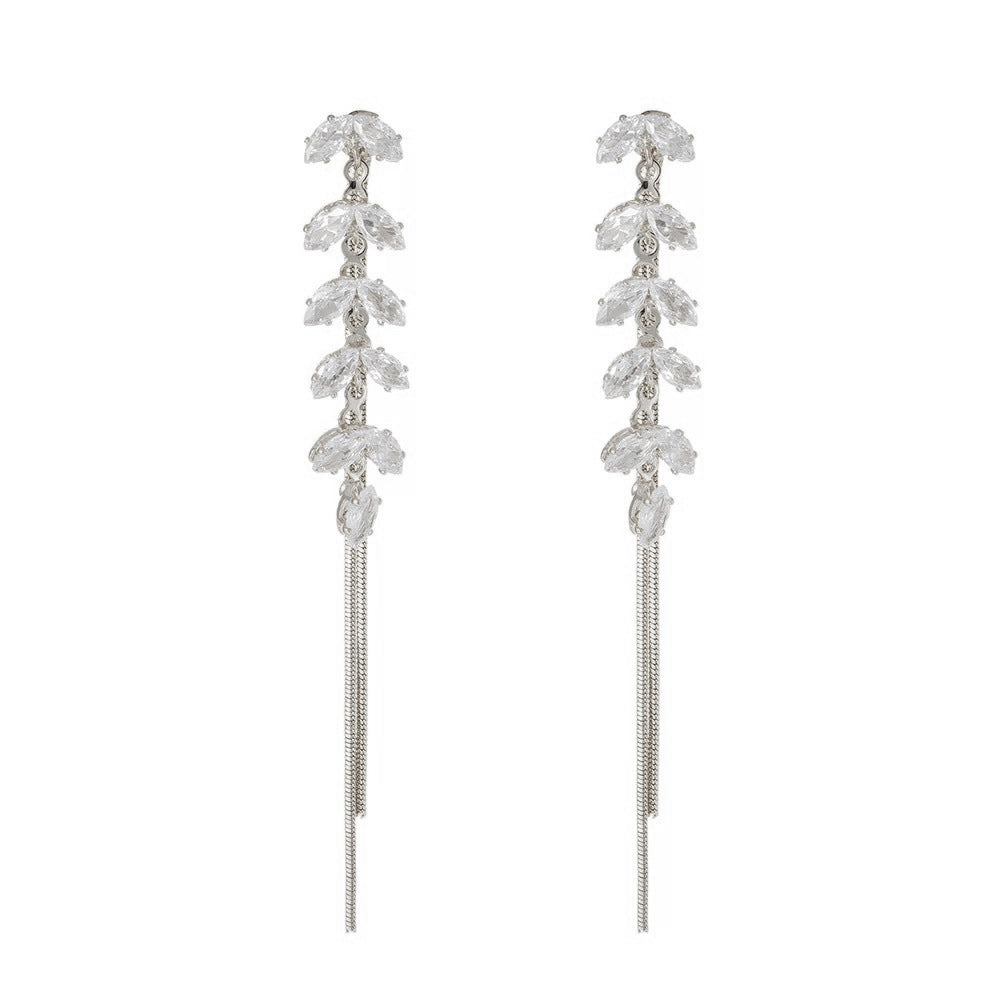 New Style Leaves Tassel Drop Earrings For Women In Real Gold Plated Copper With Zircon Inlay