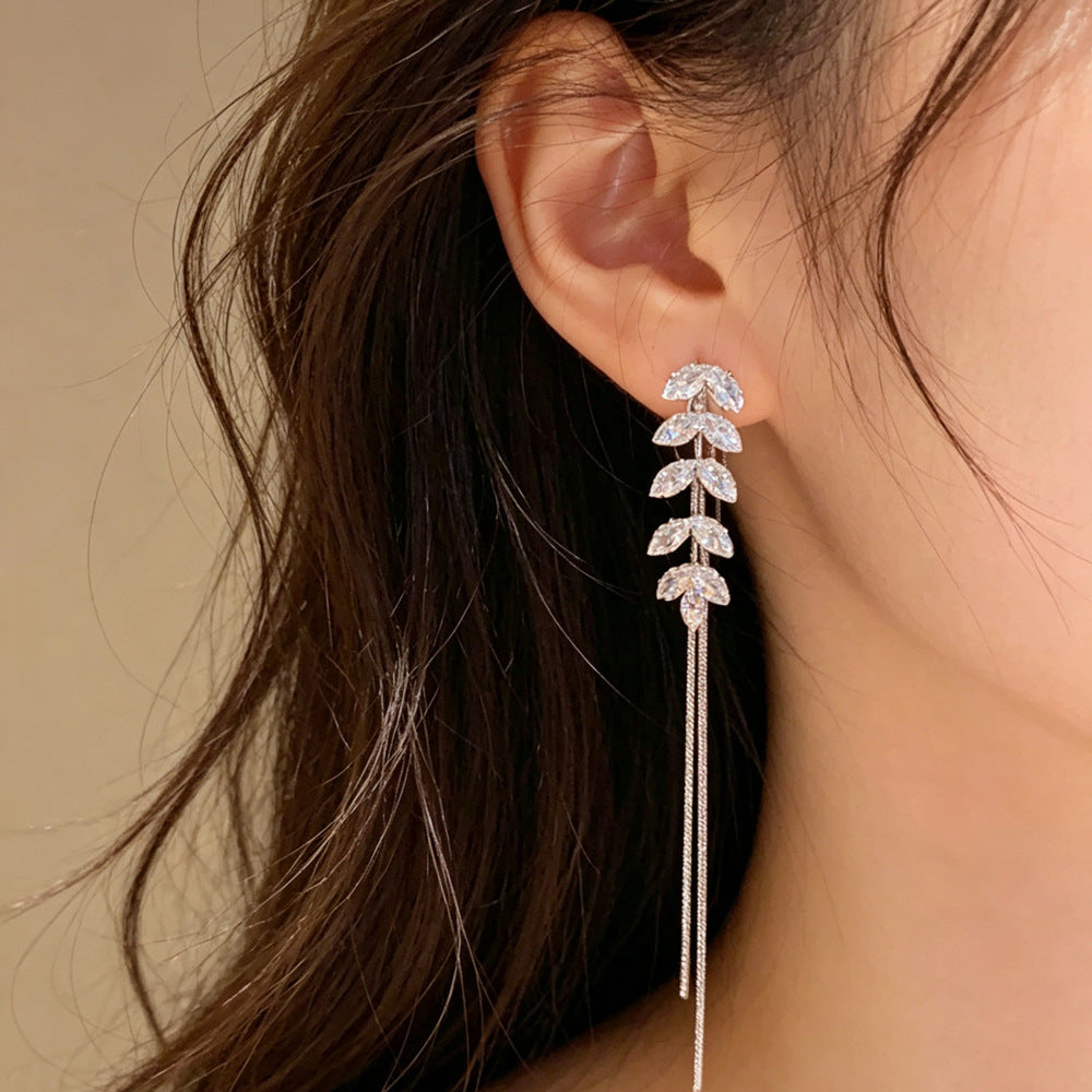 New Style Leaves Tassel Drop Earrings For Women In Real Gold Plated Copper With Zircon Inlay