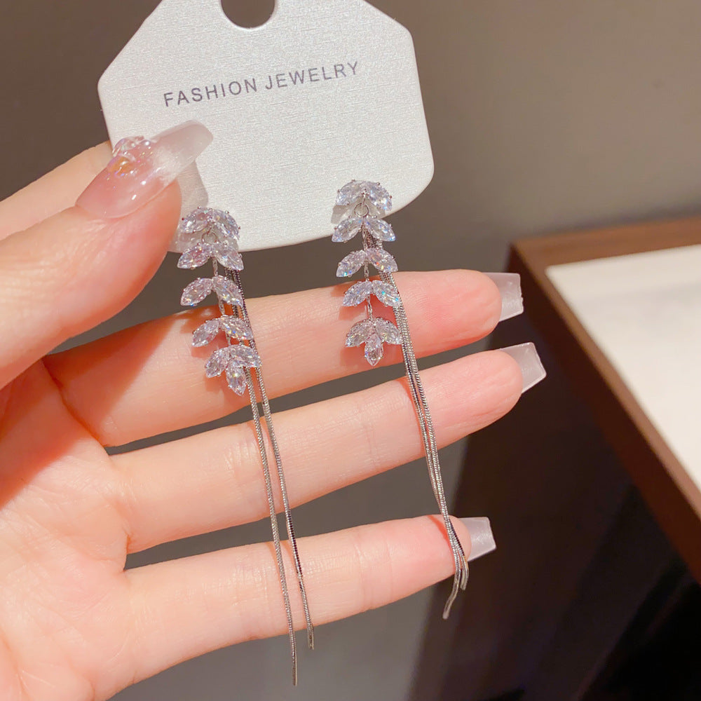 New Style Leaves Tassel Drop Earrings For Women In Real Gold Plated Copper With Zircon Inlay