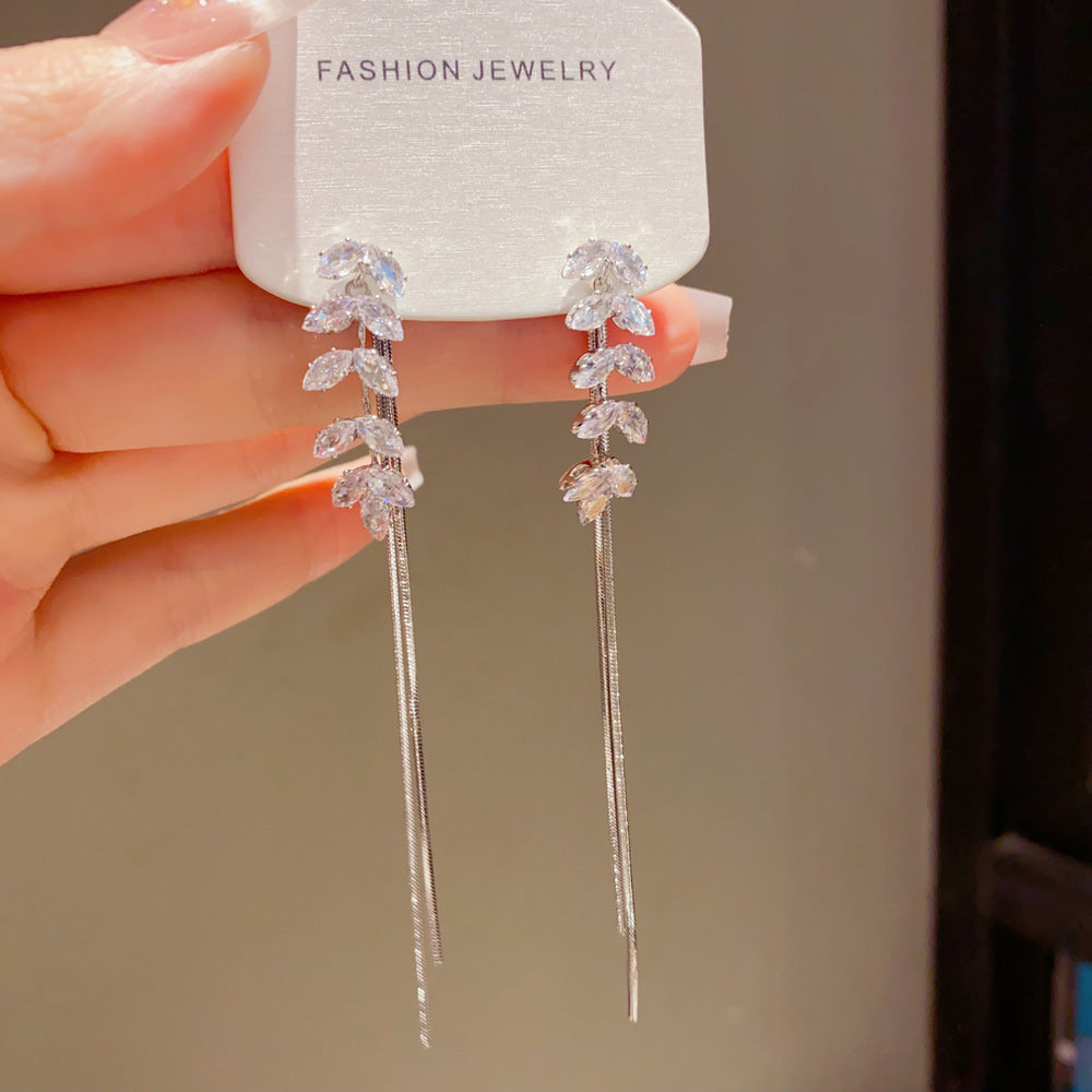 New Style Leaves Tassel Drop Earrings For Women In Real Gold Plated Copper With Zircon Inlay