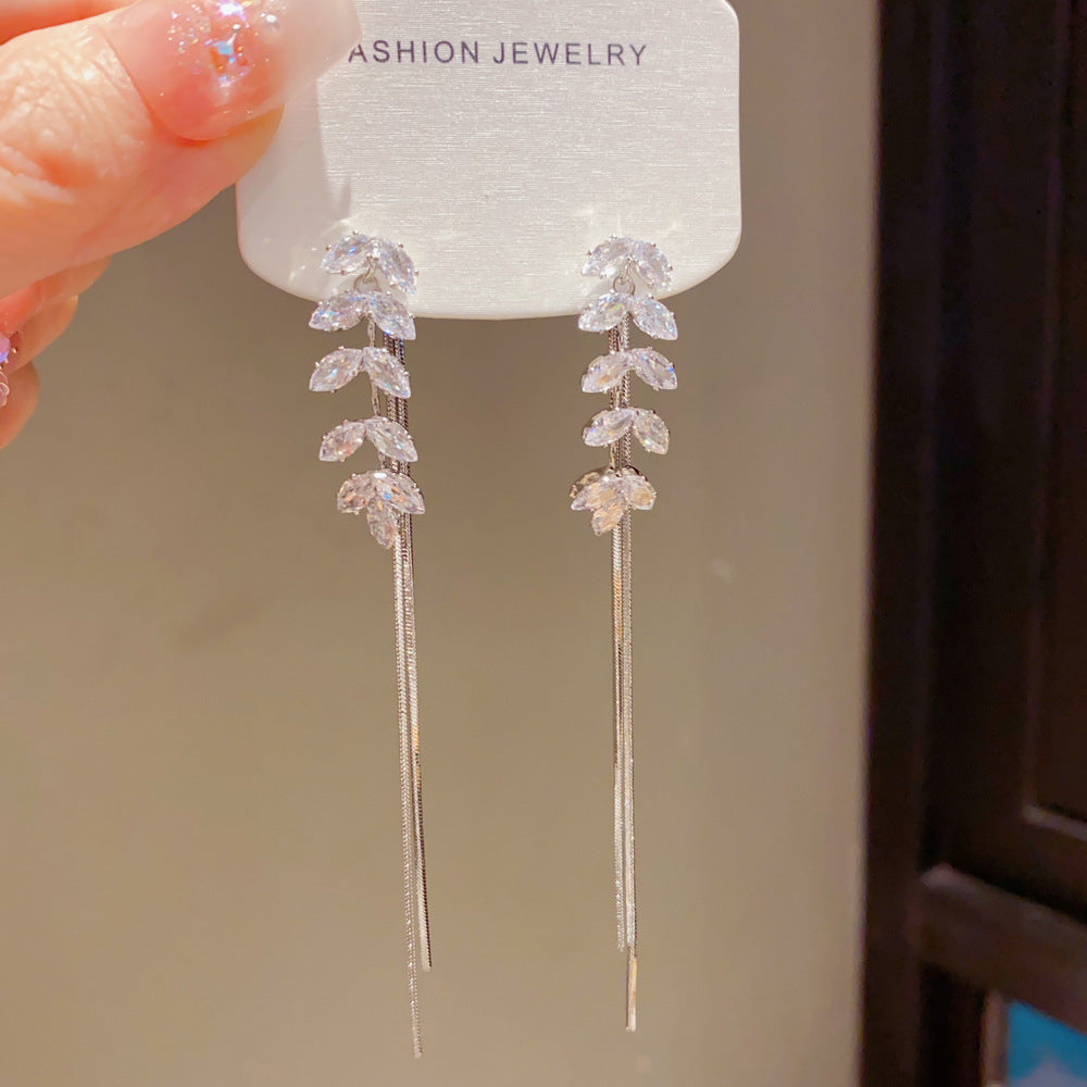 New Style Leaves Tassel Drop Earrings For Women In Real Gold Plated Copper With Zircon Inlay