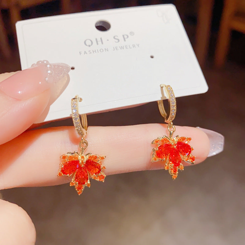 Luxurious Maple Leaf Elaborate Copper Earrings With Rhinestones For Women, Drop Earrings