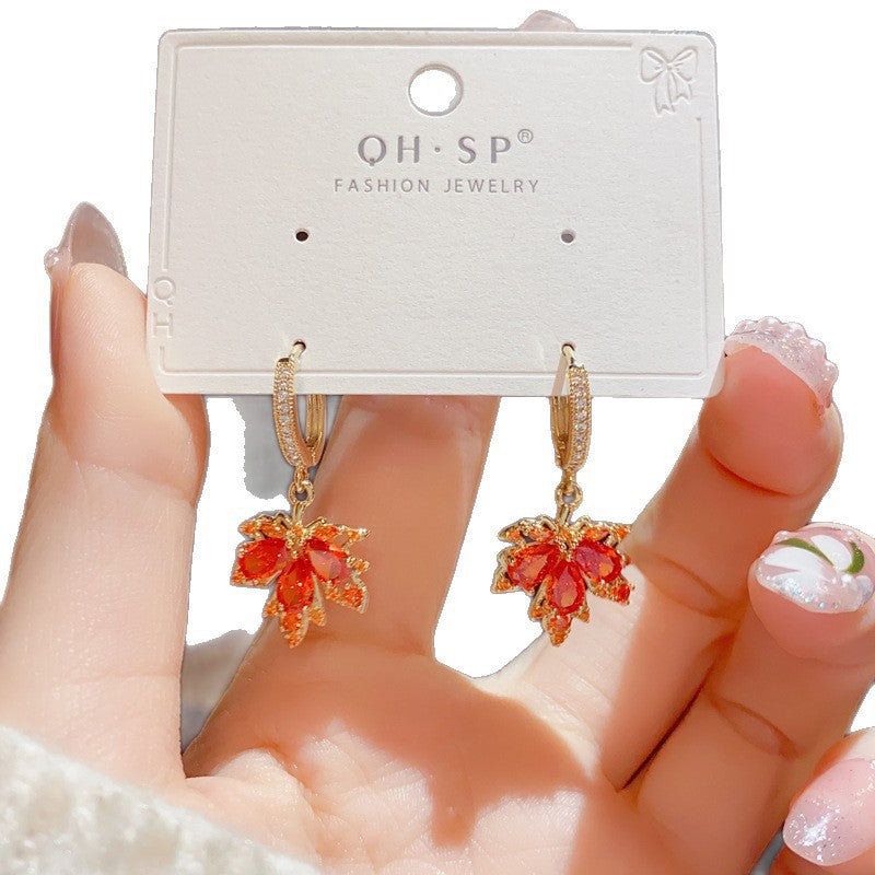 Luxurious Maple Leaf Elaborate Copper Earrings With Rhinestones For Women, Drop Earrings
