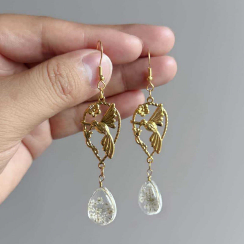 Hummingbird Earrings For Women In Gold Featuring Copper Ear Pins And Crystal Inlay