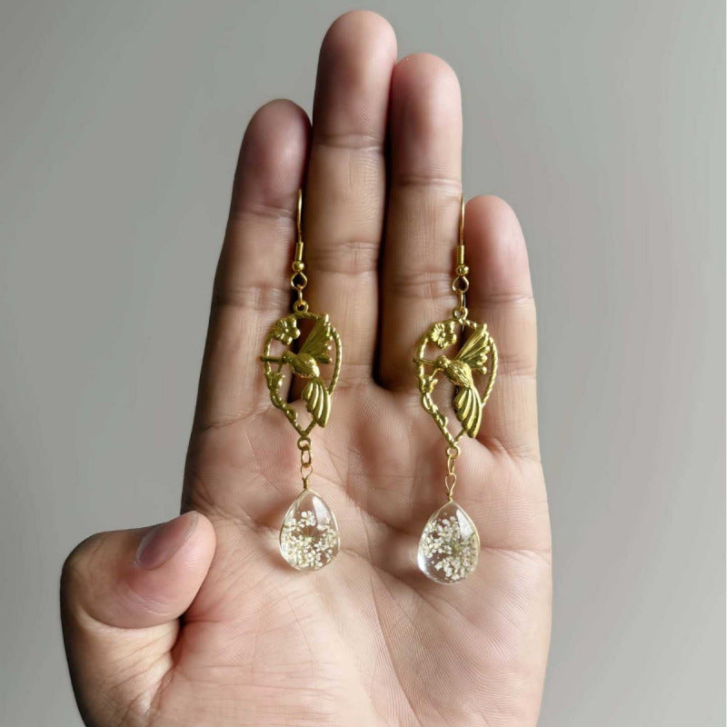 Hummingbird Earrings For Women In Gold Featuring Copper Ear Pins And Crystal Inlay