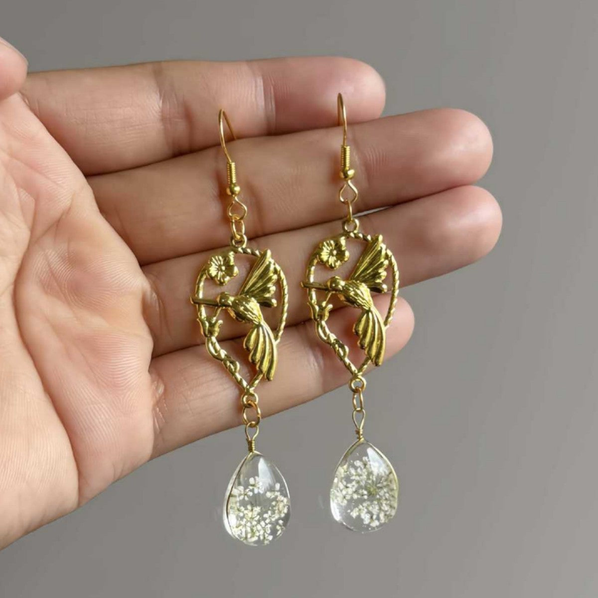 Hummingbird Earrings For Women In Gold Featuring Copper Ear Pins And Crystal Inlay