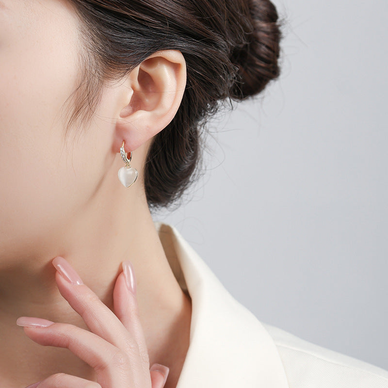 Heart Shape Drop Earrings For Women Featuring Cat's Eye Stone In Real Gold Plated Copper