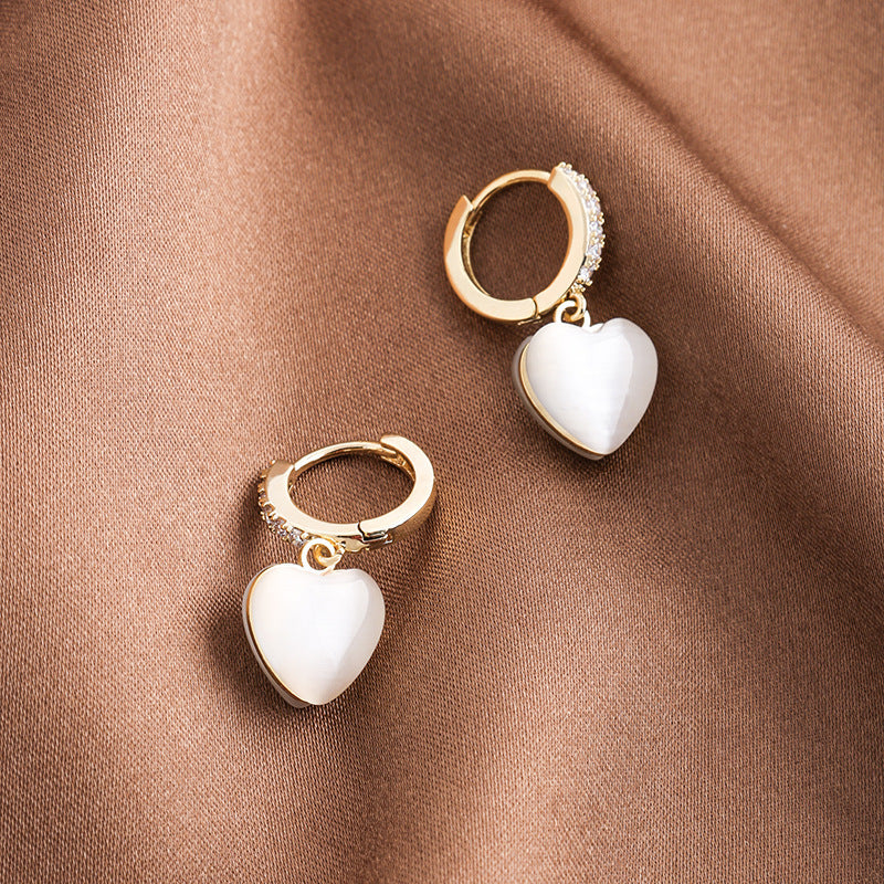 Heart Shape Drop Earrings For Women Featuring Cat's Eye Stone In Real Gold Plated Copper