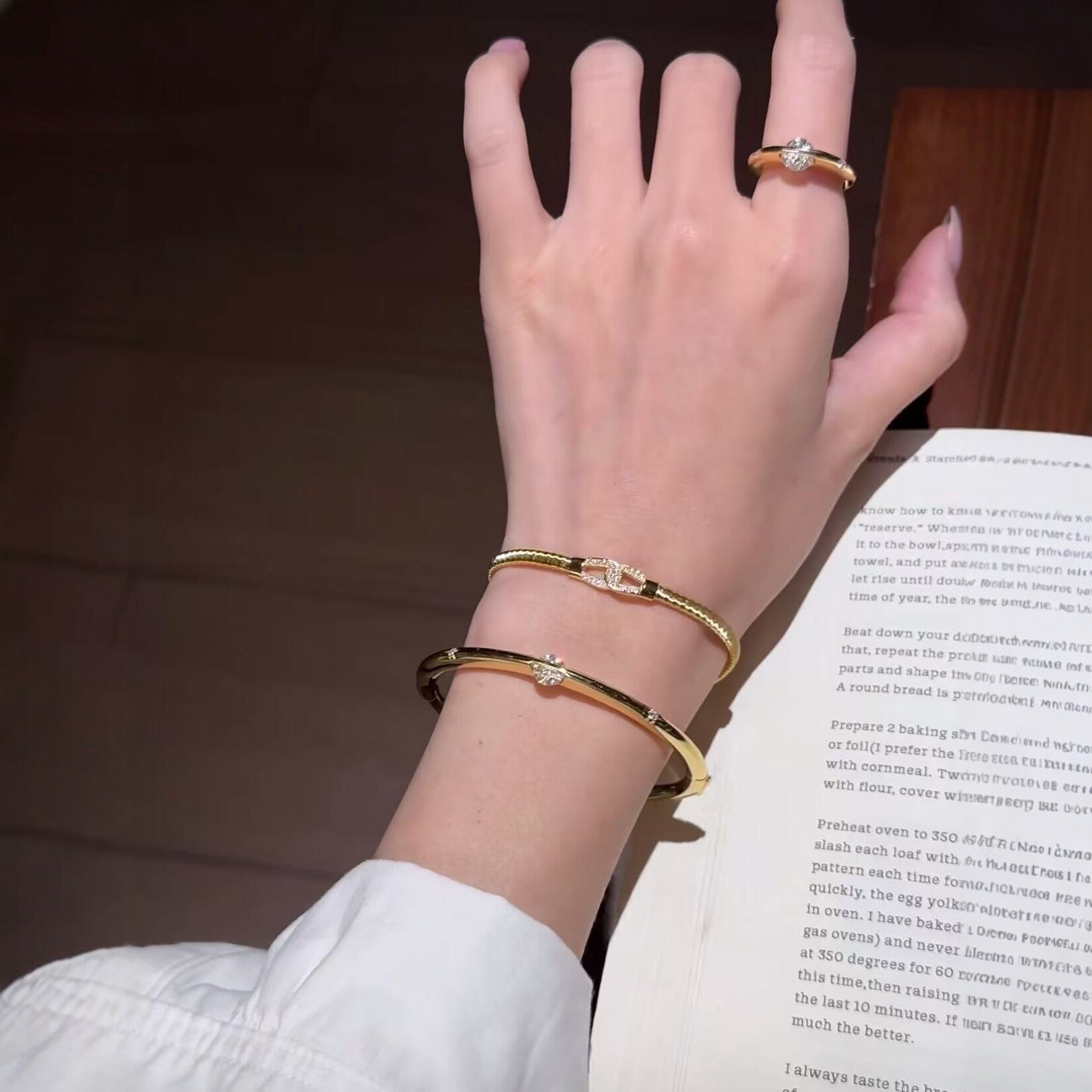 Double Ring Bracelet For Women In Simple Style, 925 Sterling Silver Chain With Gold Accent