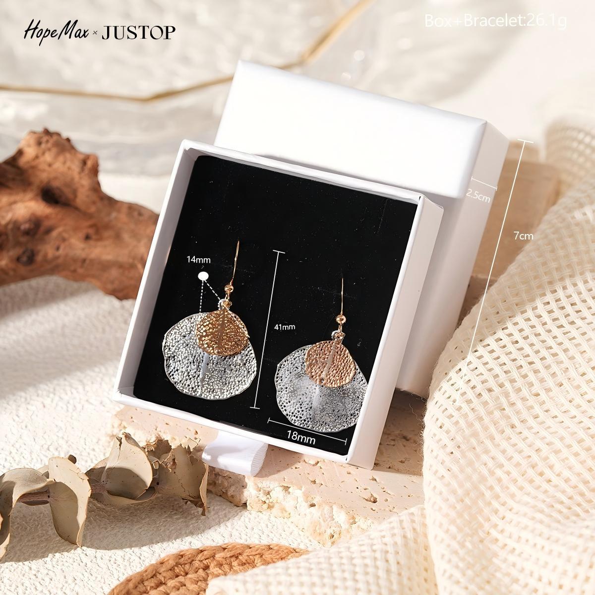 Brushed Steel Color Leaves Drop Earrings For Unisex, Electroplated With Copper Stud Posts