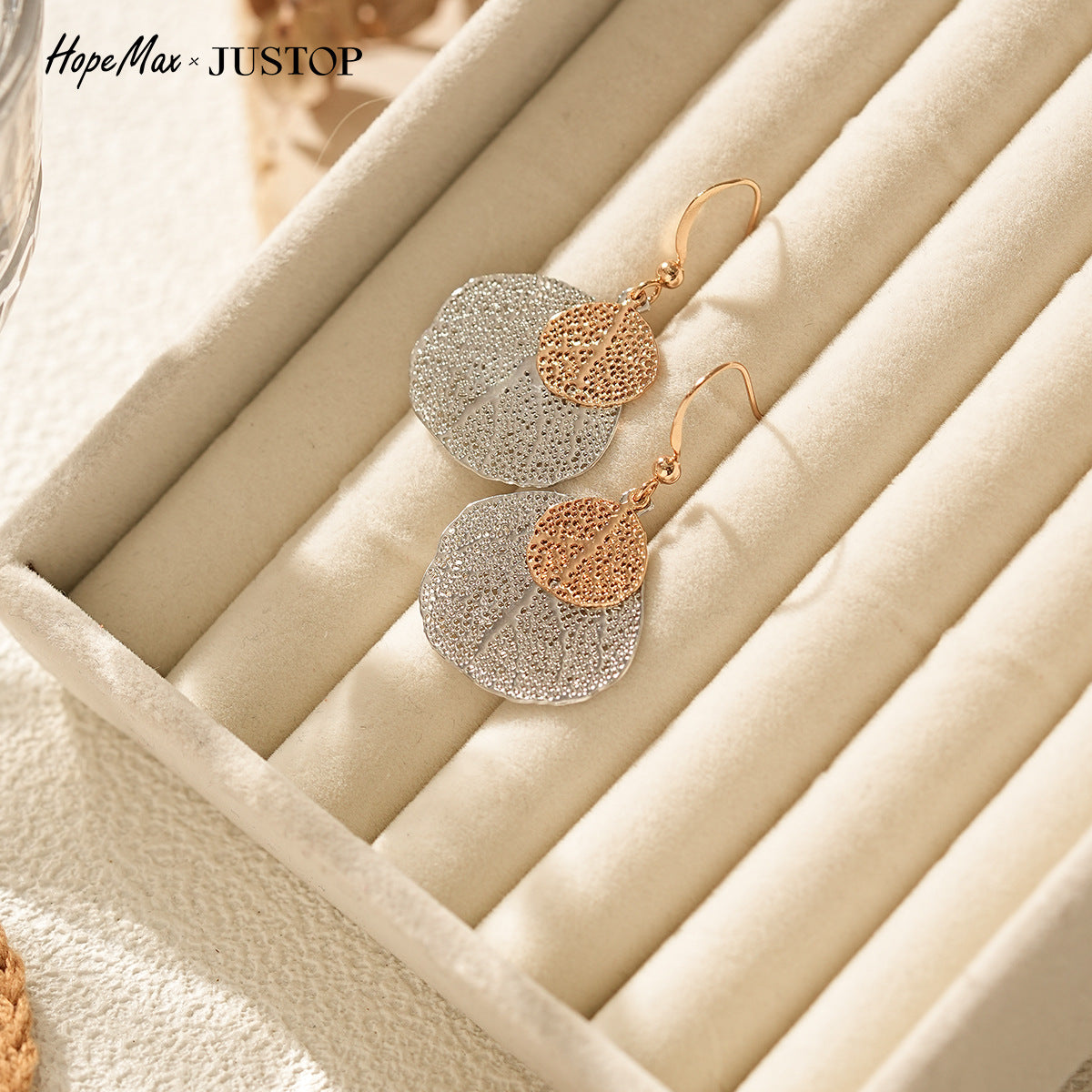 Brushed Steel Color Leaves Drop Earrings For Unisex, Electroplated With Copper Stud Posts