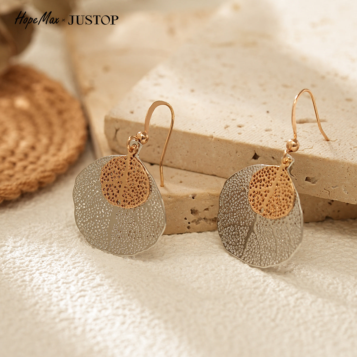 Brushed Steel Color Leaves Drop Earrings For Unisex, Electroplated With Copper Stud Posts