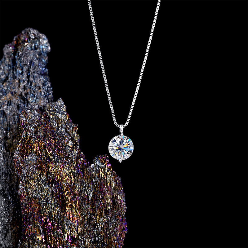 1.0ct Moissanite Round Necklace In 925 Sterling Silver With Simple Style And Box Chain For Women