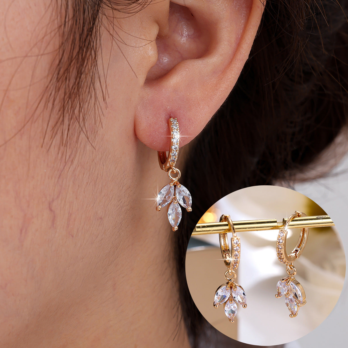 Leaves Earrings For Women With Copper Ear Pins, Electroplated Gold Plating And Zircon Inlay
